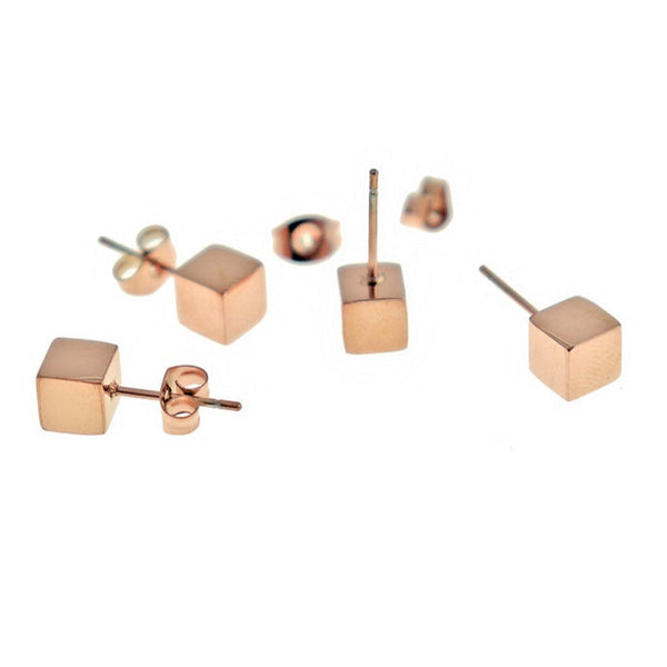 Rose Gold Stainless Steel Earrings - Square Cube Studs - 6mm - 2 Pieces 1 Pair - ER522