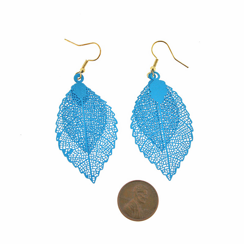 Blue Filigree Leaf Earrings - Gold Tone French Hook - 70mm - 2 Pieces 1 Pair - Z1318