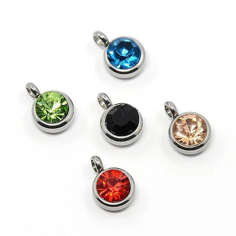 10 Assorted Color Faceted Rhinestone Silver Tone Stainless Steel Charms - FD209