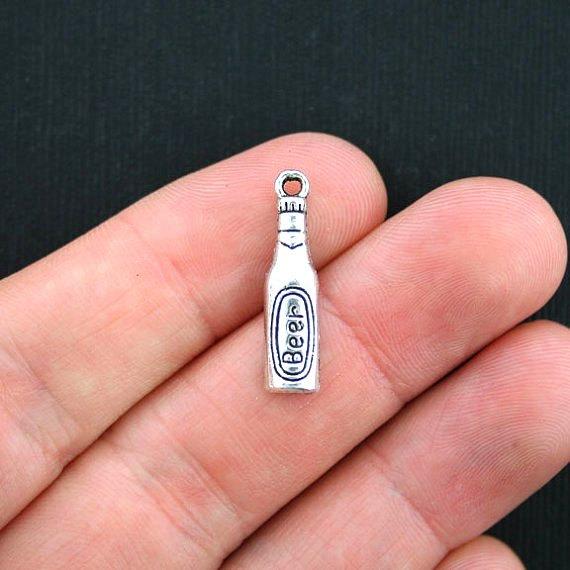 10 Beer Bottle Antique Silver Tone Charms - SC3472