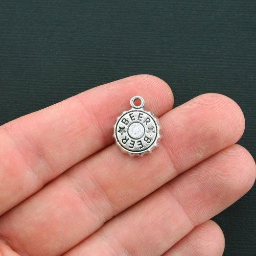 10 Beer Bottle Cap Antique Silver Tone Charms - SC547