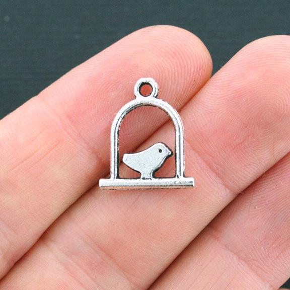 10 Oiseaux sur une balançoire Antique Silver Tone Charms 2 faces - SC771