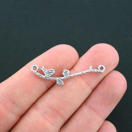 10 Bird on Flower Vine Connector Antique Silver Tone Charms - SC045