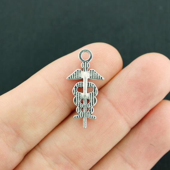10 Caduceus Antique Silver Tone Charms - SC7813