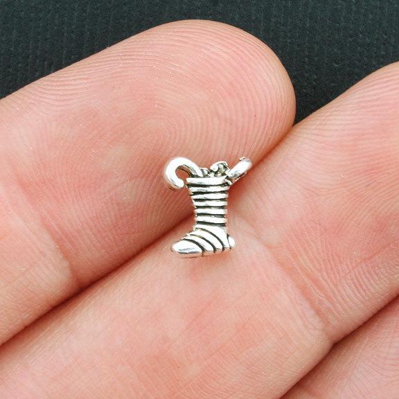 10 Christmas Stocking Antique Silver Tone Charms 2 Sided - XC080