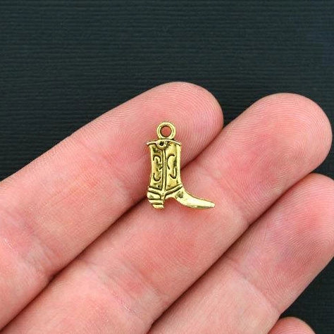 10 Cowboy Boot Charms Antique Gold Tone 2 Sided - GC249