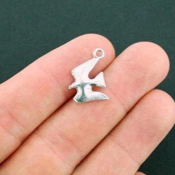 10 Dove Antique Silver Tone Charms 2 Sided - SC5931
