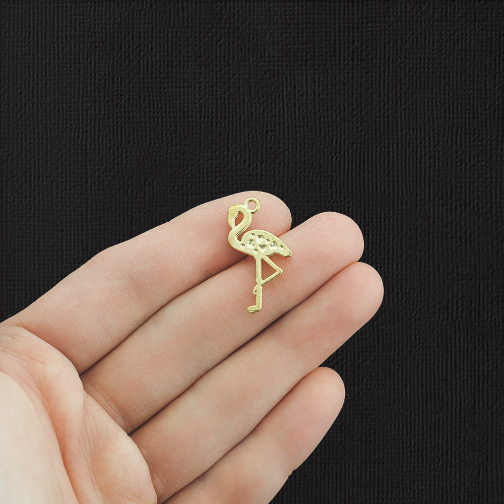 10 Flamingo Gold Tone Enamel Charms - E1104