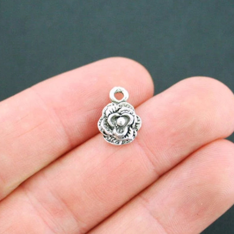 10 Flower Antique Silver Tone Charms - SC2148