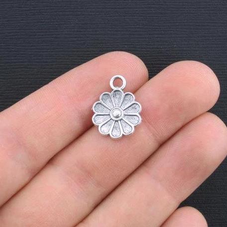10 Flower Antique Silver Tone Charms - SC3151