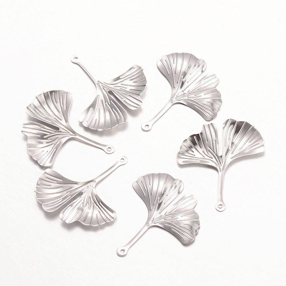 10 Ginkgo Leaf Silver Tone Stainless Steel Charms 2 Sided - MT488