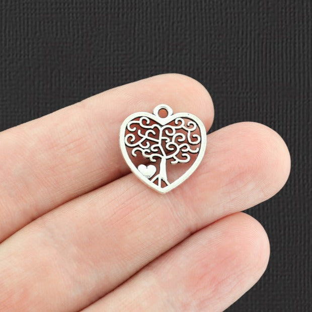 10 Heart Tree of Life Antique Silver Tone Charms 2 Sided - SC4053
