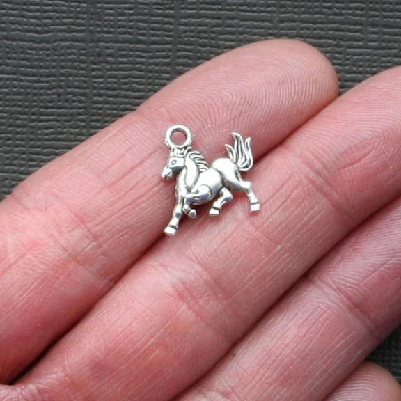 10 Horse Antique Silver Tone Charms 2 Sided - SC2191
