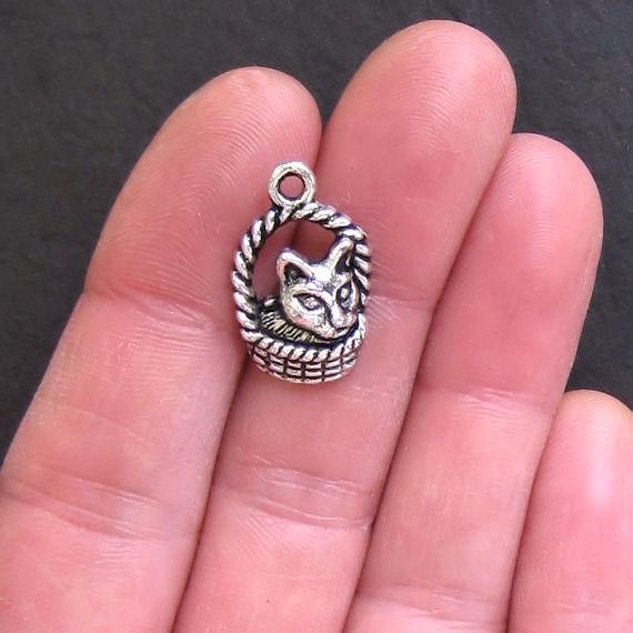 10 breloques argentées antiques chaton 2 faces - SC277