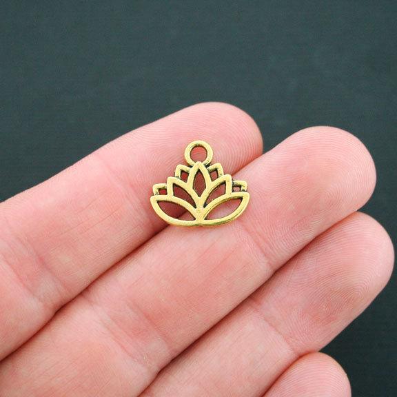 10 Lotus Antique Gold Tone Charms 2 Sided - GC509