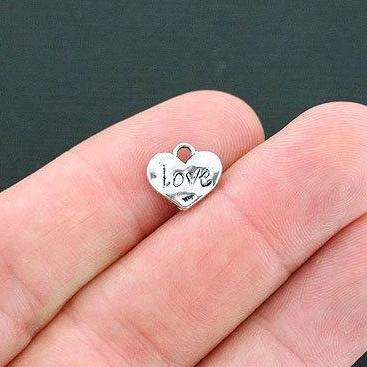 10 Love Heart Antique Silver Tone Charms - SC4663
