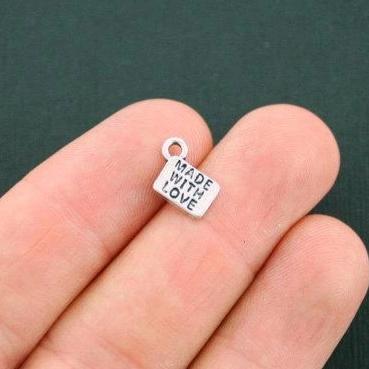 10 Made with Love Antique Silver Tone Charms - SC5648