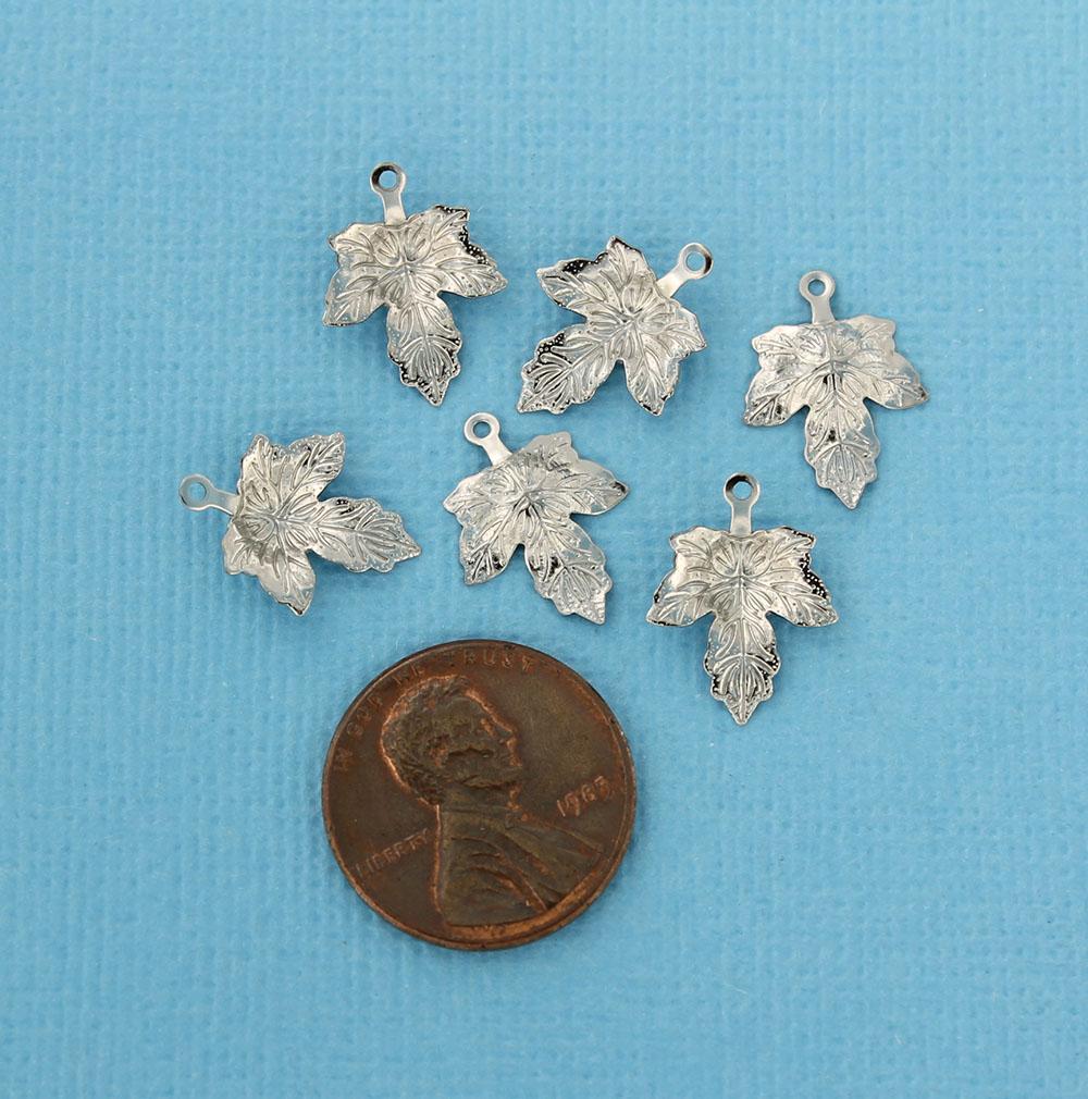 10 Maple Leaf Silver Tone Stainless Steel Charms 2 Sided - MT487