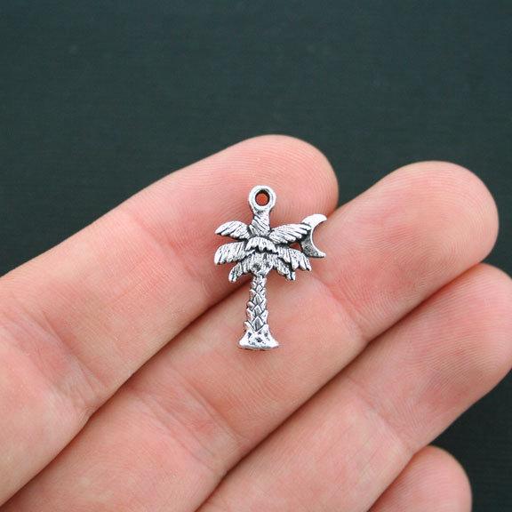 10 Palm Tree Antique Silver Tone Charms 2 Sided - SC4186