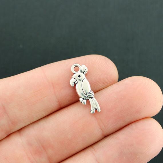 10 Parrot Antique Silver Tone Charms 2 Sided - SC7951