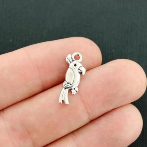 10 Parrot Antique Silver Tone Charms 2 Sided - SC7951