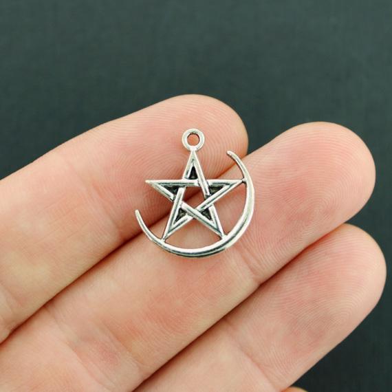 10 Pentagram Crescent Moon Antique Silver Tone Charms - SC7658
