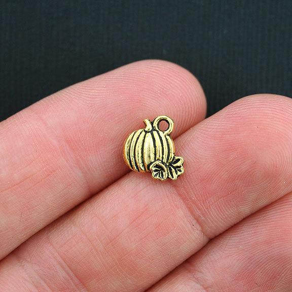 10 Pumpkin Antique Gold Tone Charms 2 Sided - GC299