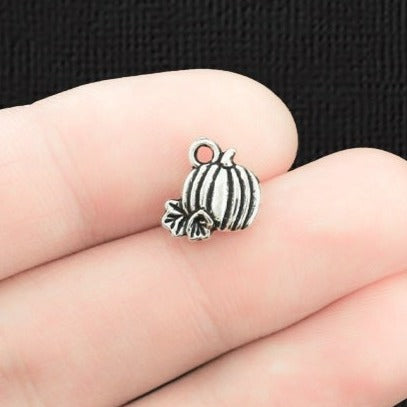 10 Pumpkin Antique Silver Tone Charms 2 Sided - SC1374