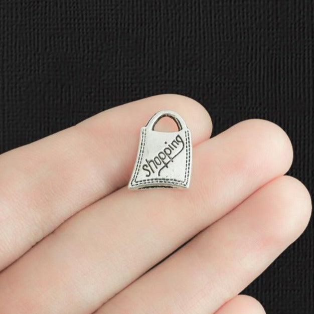 10 Shopping Bag Antique Silver Tone Charms - SC419