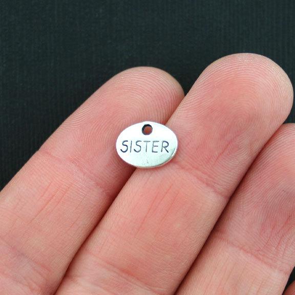 10 Sister Antique Silver Tone Charms 2 Sided - SC3040