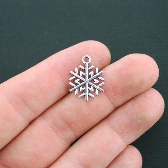 10 Snowflake Antique Silver Tone Charms 2 Sided - SC4299