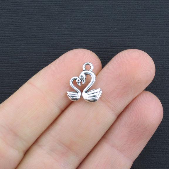 10 Swan Antique Silver Tone Charms 2 Sided - SC2583