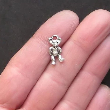 10 Teddy Bear Antique Silver Tone Charms 2 Sided - SC1071