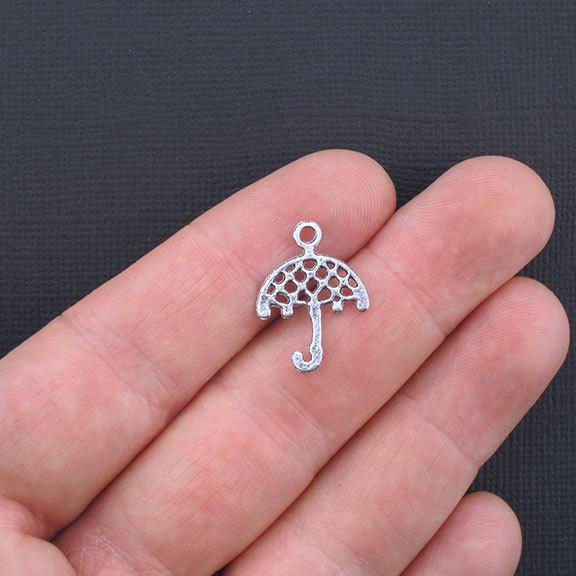 10 Umbrella Antique Silver Tone Charms 2 Sided - SC2082