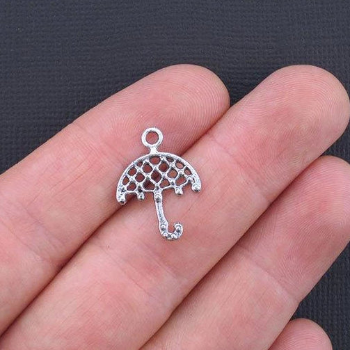 10 Umbrella Antique Silver Tone Charms 2 Sided - SC2082
