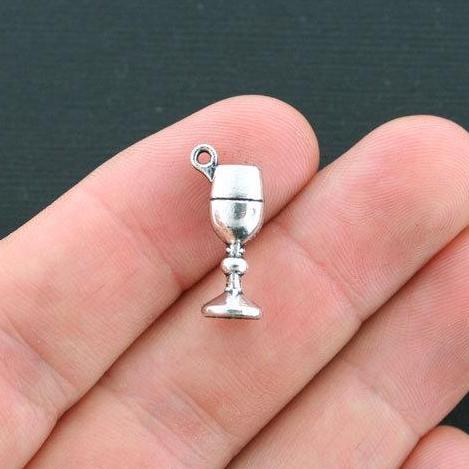 10 Wine Glass Antique Silver Tone Charms 3D - SC4331