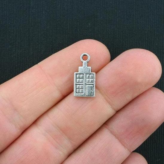 10 Building Antique Silver Tone Charms 2 Sided - SC3632