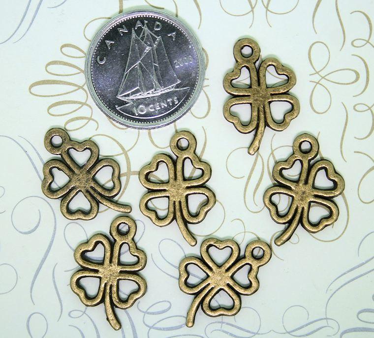 10 Four Leaf Clover Antique Bronze Tone Charms 2 Sided - BC196