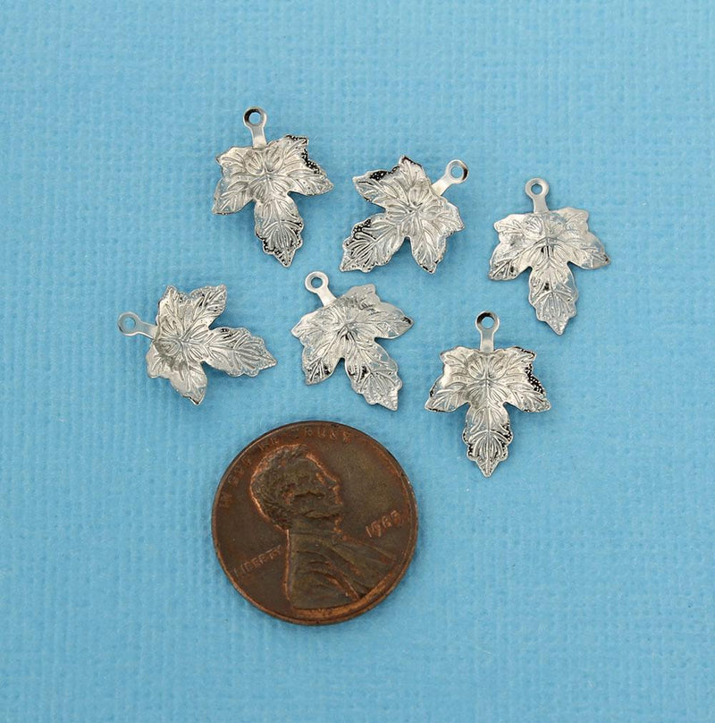 10 Maple Leaf Silver Tone Stainless Steel Charms 2 Sided - MT487