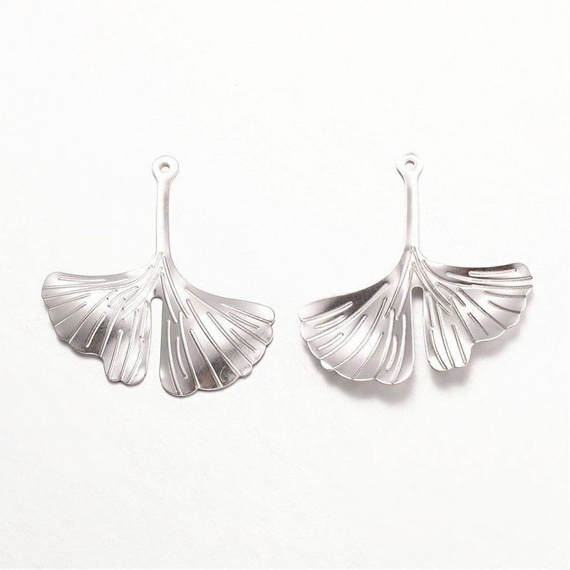 10 Ginkgo Leaf Silver Tone Stainless Steel Charms 2 Sided - MT488