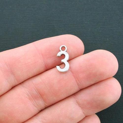 10 Number 3 Antique Silver Tone Charms - SC4425