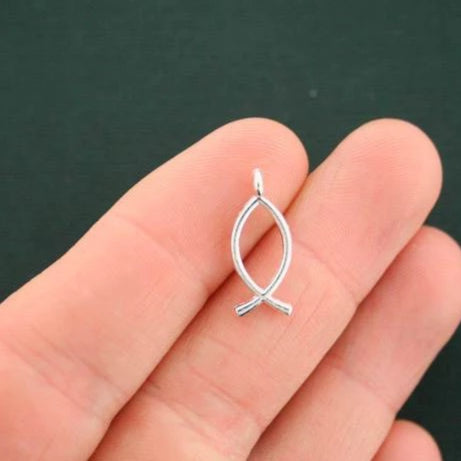 12 Christian Fish Antique Silver Tone Charms 2 Sided - SC759