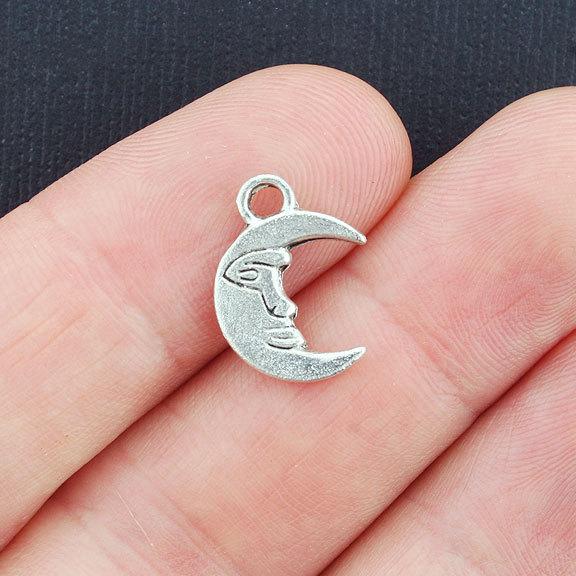 12 Crescent Moon Antique Silver Tone Charms 2 Sided - SC3779