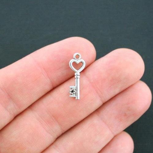 12 Heart Key Antique Silver Tone Charms 2 Sided - SC2991