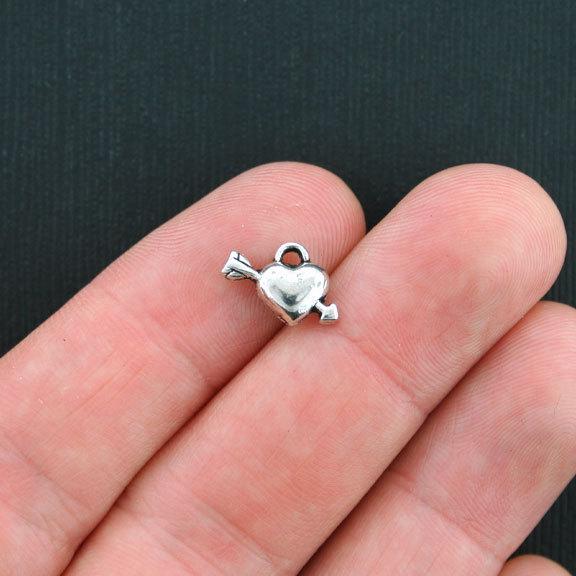 12 Heart and Arrow Antique Silver Tone Charms 2 Sided - SC3724