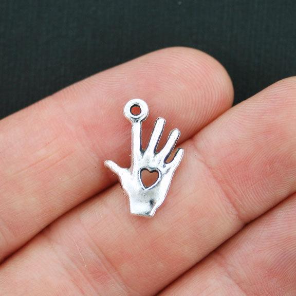 12 Heart in Hand Antique Silver Tone Charms 2 Sided - SC3767