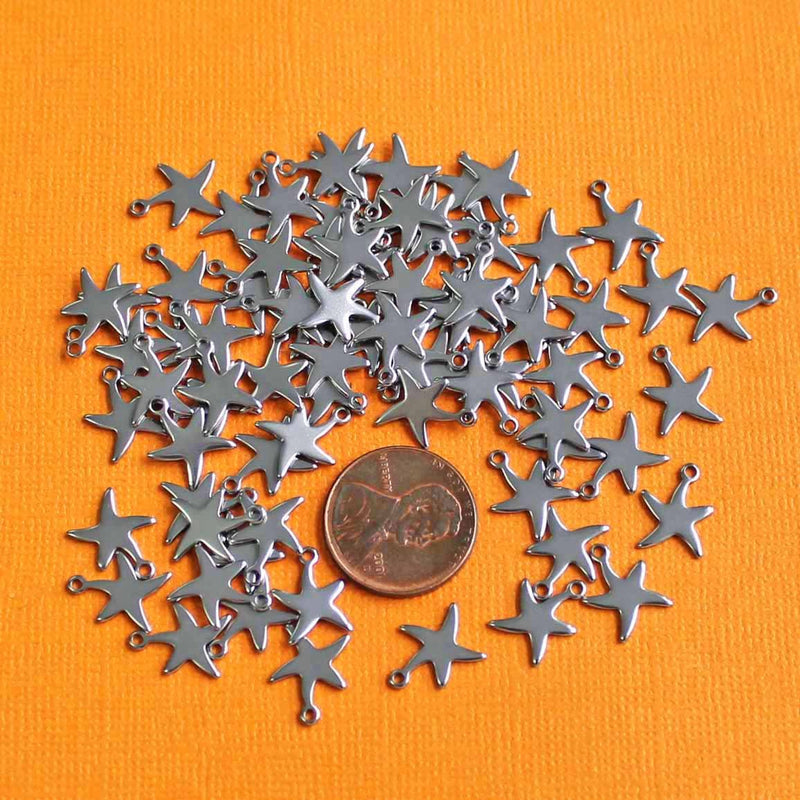 12 Starfish Silver Tone Stainless Steel Charms 2 Sided - MT456