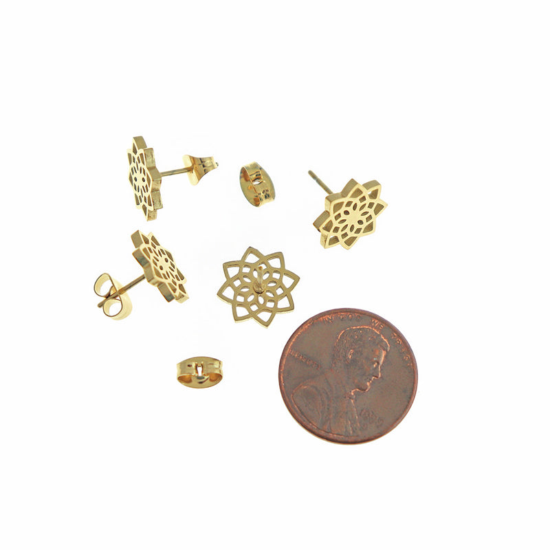 Gold Stainless Steel Earrings - Celtic Flower Studs - 11mm - 2 Pieces 1 Pair - ER473