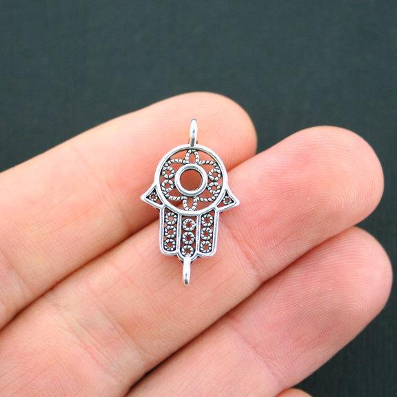 15 Hamsa Hand Connector Antique Silver Tone Charms 2 Sided - SC2245