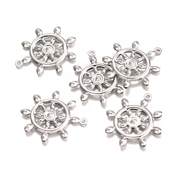 15 Ship Wheel Silver Tone Stainless Steel Charms 2 Sided - MT481